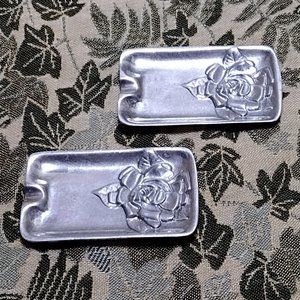 Set of 2 Roses Pewter Ashtrays